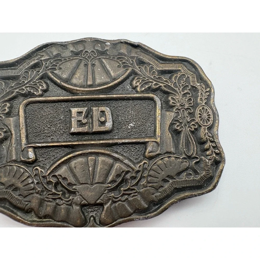 Vintage Nocona "ED" Nameplate Belt Buckle Western Style Floral Brass Finish - Picture 3 of 5